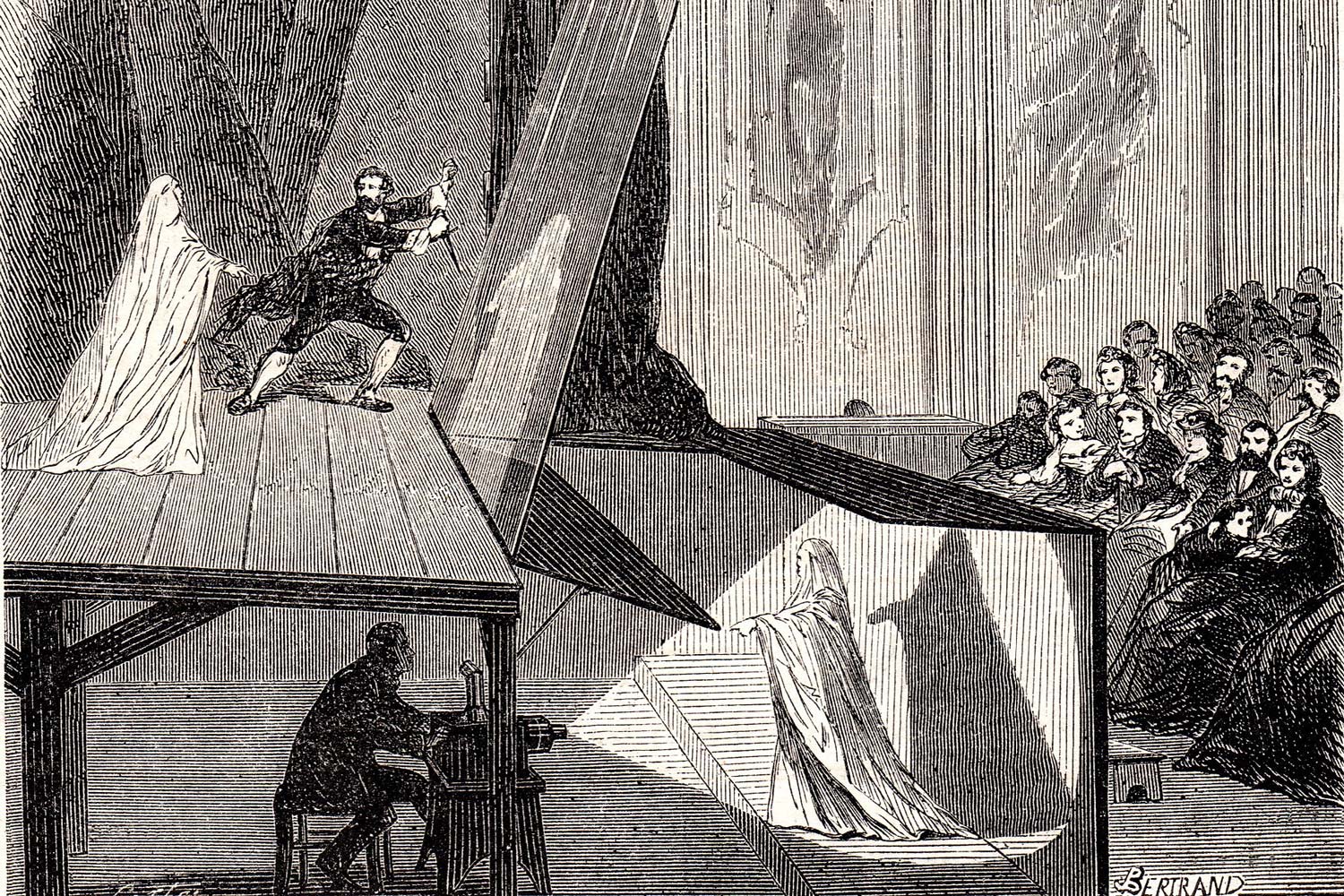 old engraving of peppers ghost effect in a theater
