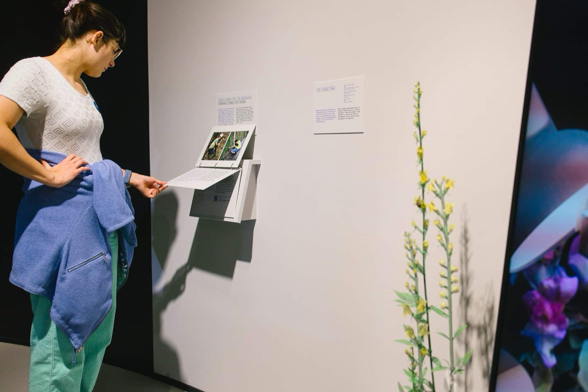 A visitor looking at the installation, leafing through the information on the Barton Group.