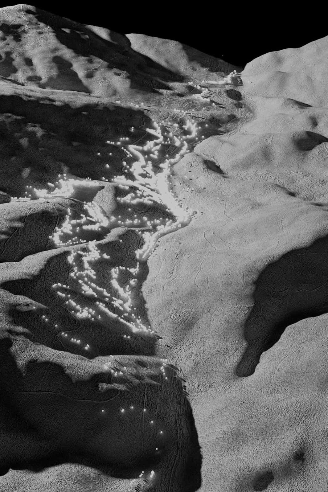 Black and white render of the landscape, with datapoints scattered across it.