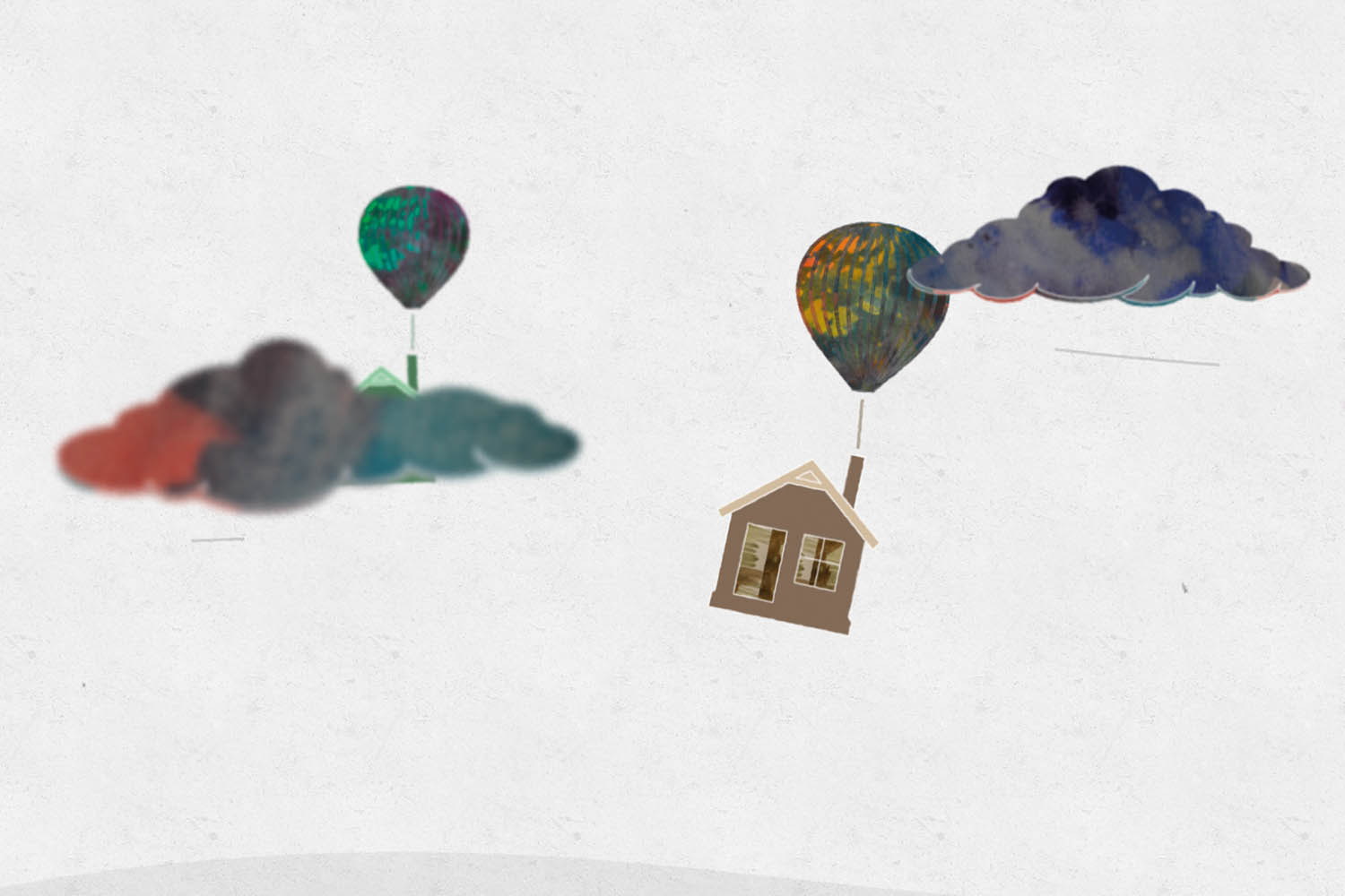 illustrated houses floating on balloons