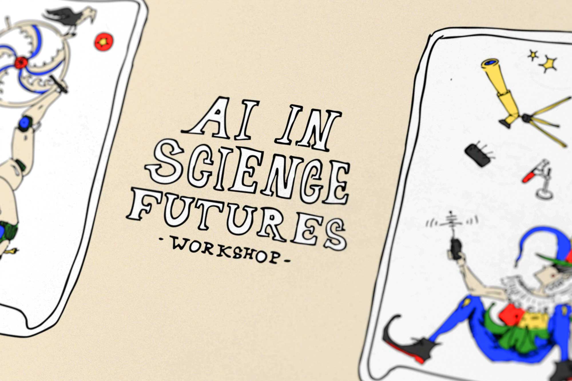 Illustration of the workshop title with two characters, one humanoid robot and one fool using tech-gadgets in the style of tarot cards.